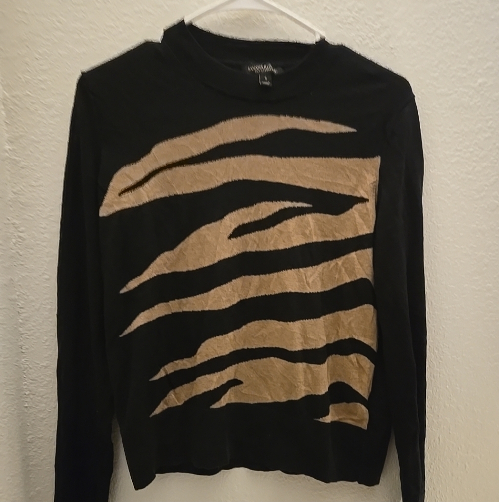 Banana Republic Silk Cashmere Zebra Print Sweater Top Black Tan Womens Small